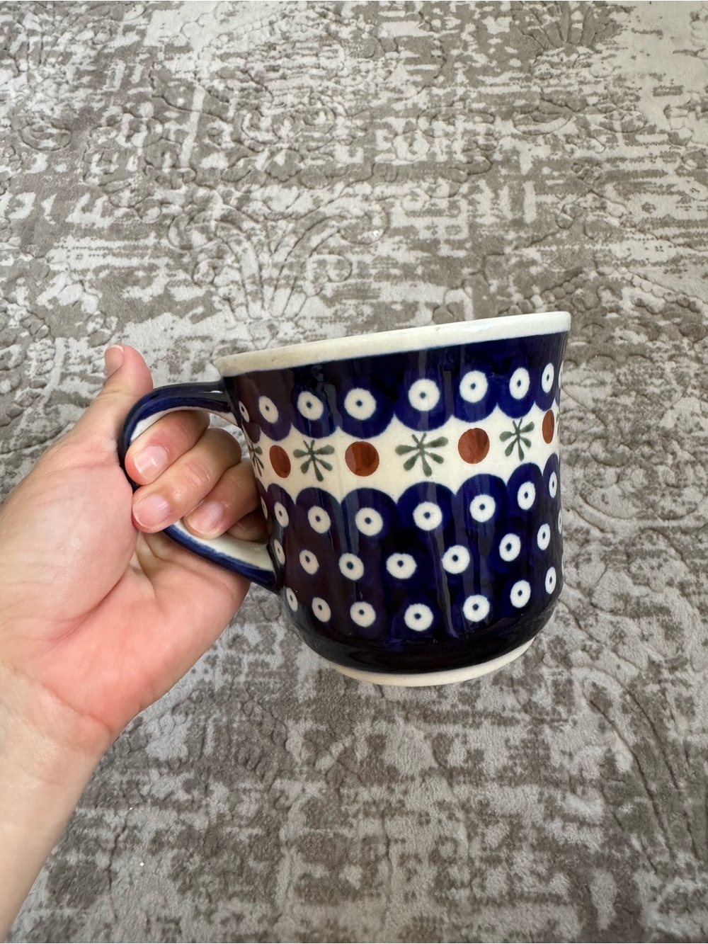 Boleslawiec Hand-Painted Ceramic Mug in Blue with White Dot Pattern Polland